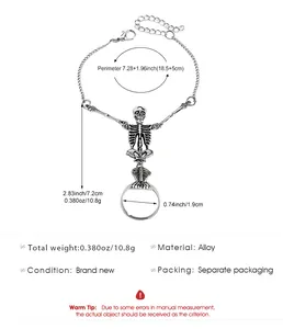 Gothic silver skeleton hand chain bracelet with adjustable ring size and weight details.