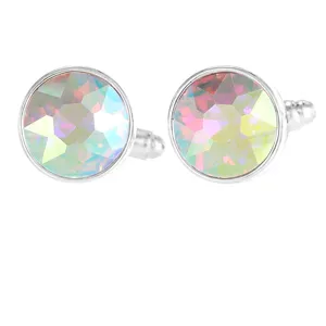 Close-up view of the iridescent crystal round cufflinks with silver tone metal base detail.