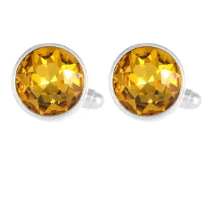 Detailed close-up view of elegant round yellow crystal gemstone cufflinks in silver finish.