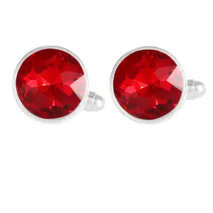 Detailed close up view of elegant round red crystal gemstone shirt cufflinks for daily wear.