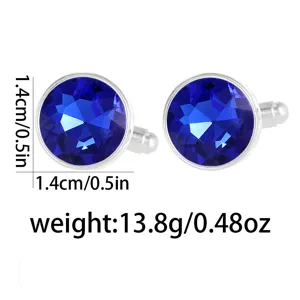 Classic round blue crystal cufflinks for men and women, elegant silver business shirt accessories.