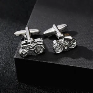 Creative transport theme metal cufflinks, tractor and bicycle designs for French dress shirts.