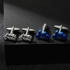 Transport theme cufflinks set featuring stylish silver motorcycle and blue bicycle designs.