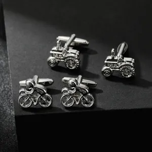 Silver-tone novelty tractor and cyclist cufflinks set for men French dress shirts