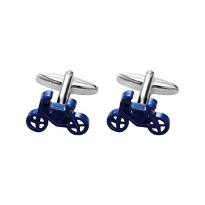 Blue bicycle shaped cufflinks detail view, featuring polished silver bullet back closures.