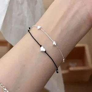 Brazalete de doble corazón de plata esterlina S925, estilo minimalista para mujeres.