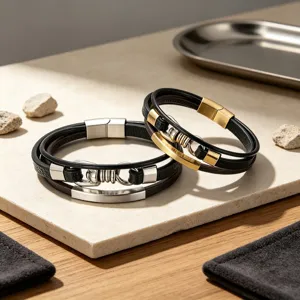 Heren Meerdere Laag Gevlochten Leren Armband Titanium Staal Magnetische Gesp Street Style Sieraden