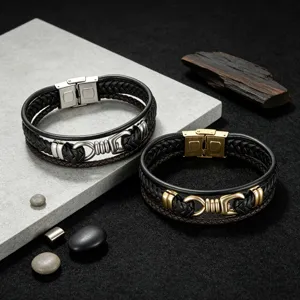 Meerlaagse gevlochten lederen armband met magneetsluiting roestvrij staal punk stijl sieraden voor heren