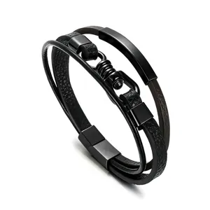 Streetwear meerlaagse lederen armband met metalen gebogen plaat en magneetsluiting