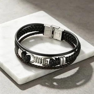 Meerlaagse lederen armband voor heren gevlochten polsband met stijlvolle roestvrijstalen sluiting