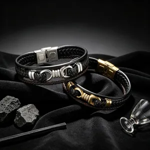 Meerlaagse lederen armband met roestvrijstalen magnetische sluiting voor heren