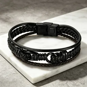 Multi-laags zwart lederen armband voor heren met magnetische sluiting streetwear