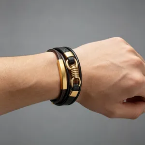 Close-up detail van de meerlaagse lederen armband met metalen staaf en ringvormige sluiting.