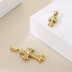 Gold stainless steel cross pendant with clear rhinestones, stylish DIY jewelry accessory.