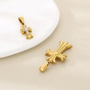Stainless steel gold cross pendant detail shot, rhinestone and smooth styles for diy necklace.