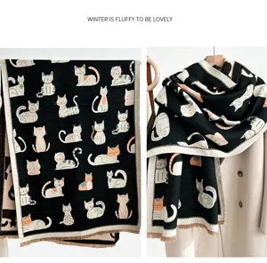 Inverno caldo sciarpa finta cashmere con simpatico motivo di gatto e frange accessorio moda.