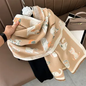 Sciarpa in Imitazione Cashmere con Gatto Carino Invernale Moda Versatile Caldo Avvolgi Collo Scialle di Fascia Alta