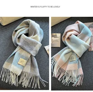 Cozy winter wool plaid scarf for women, soft thermal tassel neck warmer for cold days.