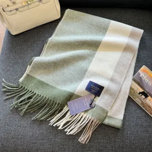 Classic winter plaid wool blend scarf for men and women with fringe and stylish design.