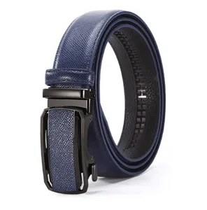 Men's automatic buckle leather belt, blue textured strap with black metal hardware.