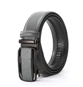 Detailed view of men's automatic ratchet belt featuring textured grey leather and metal buckle.