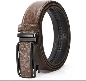 Detailed view of a brown automatic buckle men's leather belt with textured design.