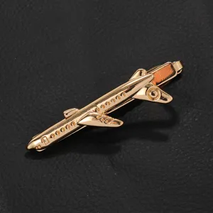 Pince à cravate avion en métal doré pour hommes, accessoire chic pour costume d'affaires.