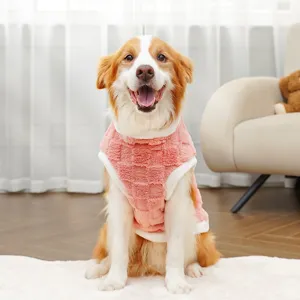 Primo piano dettagliato di un cane carino che indossa un gilet di pile rosa in casa.