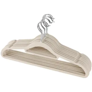 Premium flocked velvet clothes hangers set, non-slip beige coat hangers for home closet storage.