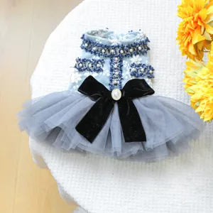 Grijsblauwe huisdierenjurk voor kleine honden puppy schattige prinses feest tweed tule rok