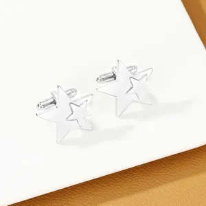 Silver double star cufflinks detail showcasing the polished metallic finish and stylish design.