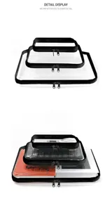 Clear PET travel storage bag set with black zippers, multi-size toiletry and cosmetic organizer.