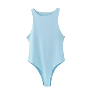 Light blue solid round neck sleeveless basic bodysuit for women, chic and versatile style.
