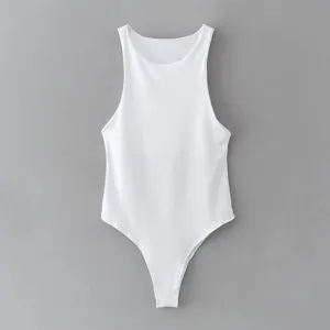 Detailed view of white sleeveless tank bodysuit, slim fit design, premium soft fabric texture.