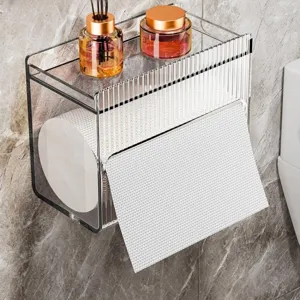 Transparante acryl toiletrolhouder wandmontage badkamer tissue opberging detailweergave.