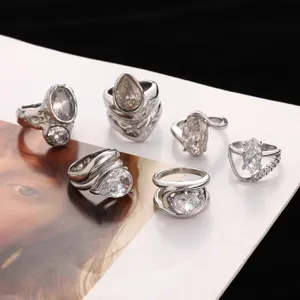 Anello Aperto in Acciaio Inossidabile Minimalista Per Donne Placcato Argento Goccia d'Acqua Zircone Strass Moda Gioielli Anello Dito Regalo