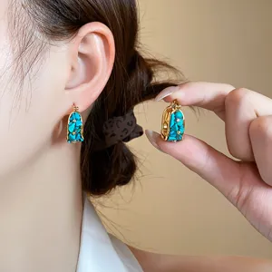 Vintage blue turquoise hoop earrings French retro style gold plated jewelry for daily wear