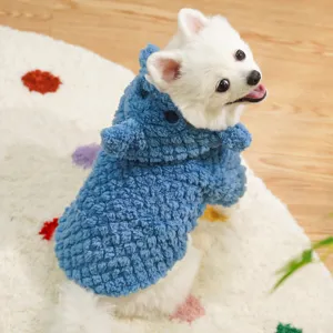Cute blue fleece pet hoodie detail, soft warm winter clothing with adorable ears for dogs cats.