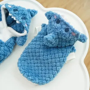 Detailed view of the blue plush pet costume with cute cartoon ears and soft fleece lining.