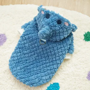 Detailed view of blue plush thickened pet hoodie with cute elephant design and leash ring for winter.