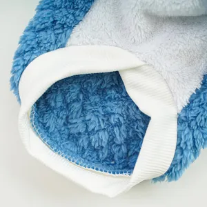 Thickened plush pet clothes detail, blue and white fleece pet costume fabric and ribbed collar.