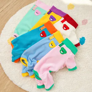 Colorful fleece pet dog cat jumpsuit, winter warm color block pet clothes with traction ring.