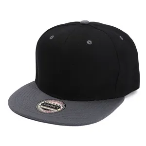Black and grey snapback hat detail, flat brim style, structured crown with top button and eyelets.