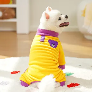 Cute winter pet dog fleece jumpsuit, warm color block four-leg clothes with leash ring.