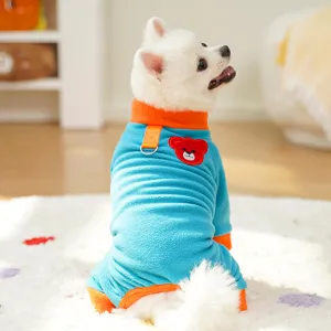 Dog fleece onesie winter warm pet apparel with leash ring and cute red bear design for small dogs.