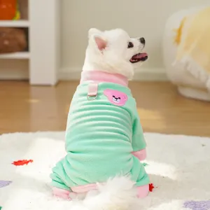 Cute pet fleece jumpsuit for autumn and winter, warm color-blocking dog clothes with bear motif.