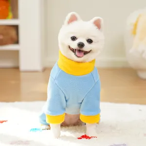 Cute blue and yellow color-blocked fleece pet onesie, warm winter dog cat clothing detail view.