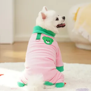 Cute fleece dog jumpsuit detail with bear patch, warm color-blocking pet winter clothes.