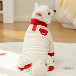 Detailed view of warm pet fleece jumpsuit for dogs and cats, autumn winter cozy color block apparel.