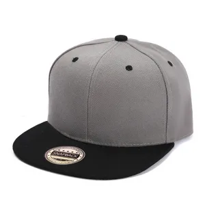 Grey and black snapback baseball cap with flat brim, stylish hip hop hat for men daily wear.